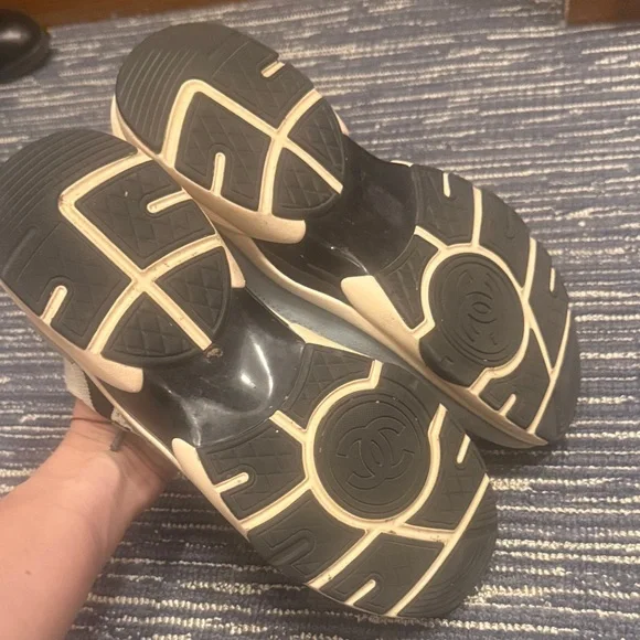 CHANEL Men's Knit & Suede Sneakers in Light Blue, Cream and Black - Picture 6 of 6